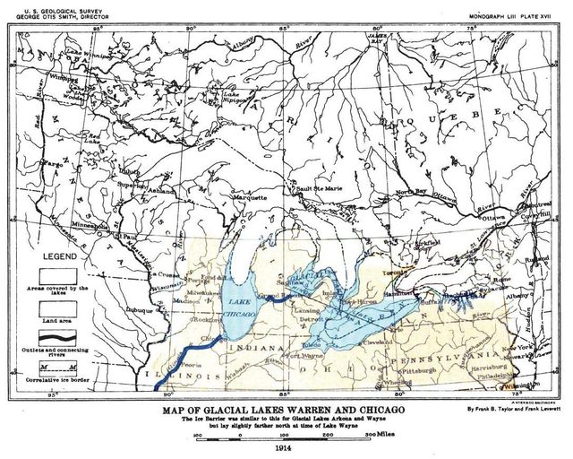 Map of the glacial lakes, with Lake Chicago at the south end of Lake Michigan draining down the Illinois valley