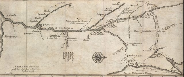 Engraved map of the Marquette and Jolliet route, with the portage between the lake and the Illinois