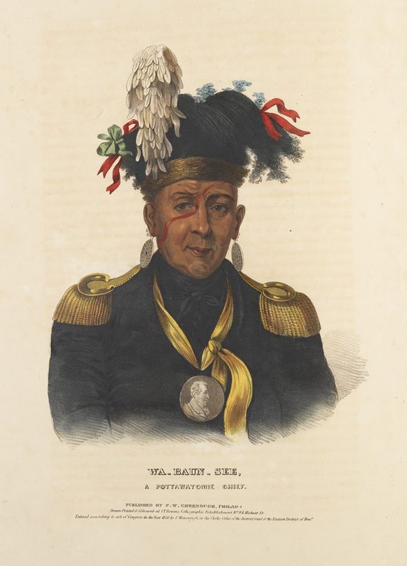 Lithograph portrait of Wa-Baun-See in a feathered headdress and coat with a medal