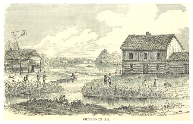 Engraving of log buildings beside the river in 1833