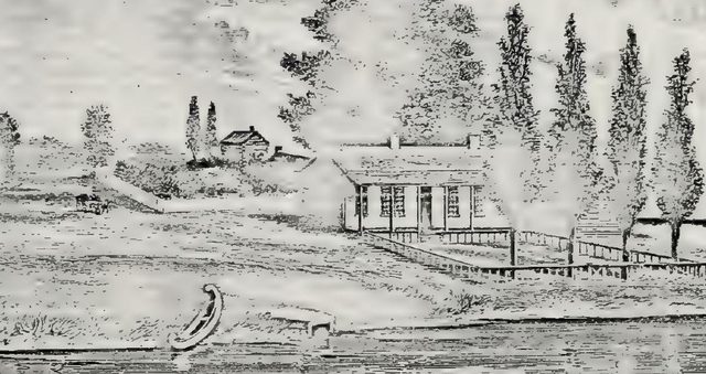 Engraving of a low house behind a fence on the river bank, with poplars