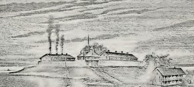 Engraving of the stockade fort at the river mouth