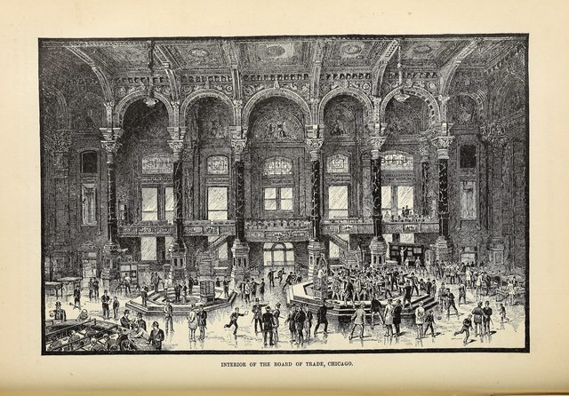 Engraving of traders crowding the floor of the Board of Trade under a high arched hall