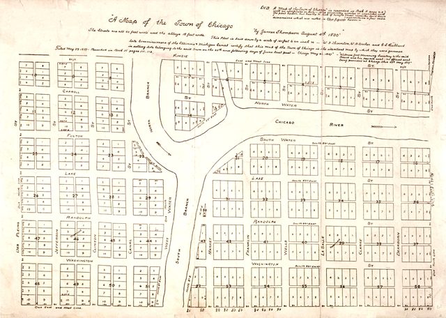Hand-drawn plat of the first Chicago town lots on both sides of the river