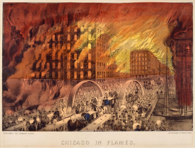 Lithograph of crowds fleeing across a bridge with the city burning behind them