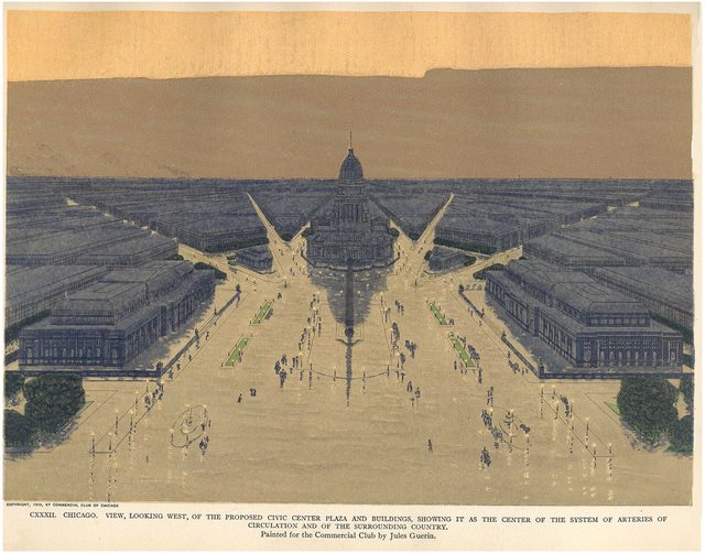 Painted bird's-eye view of a domed civic center with radiating avenues