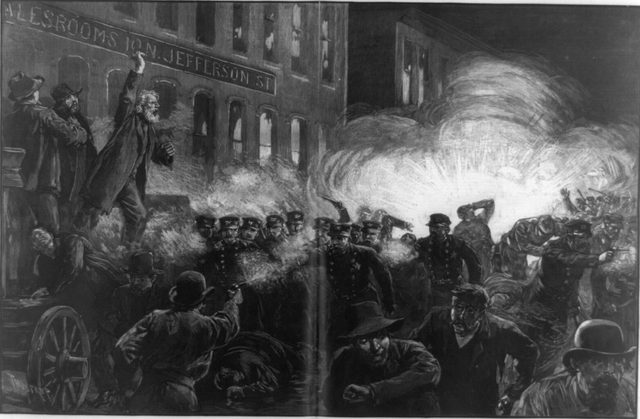 Engraving of the bomb exploding among police at the Haymarket meeting