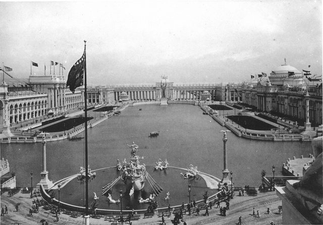 Photograph of the Court of Honor basin and white buildings at the 1893 Exposition